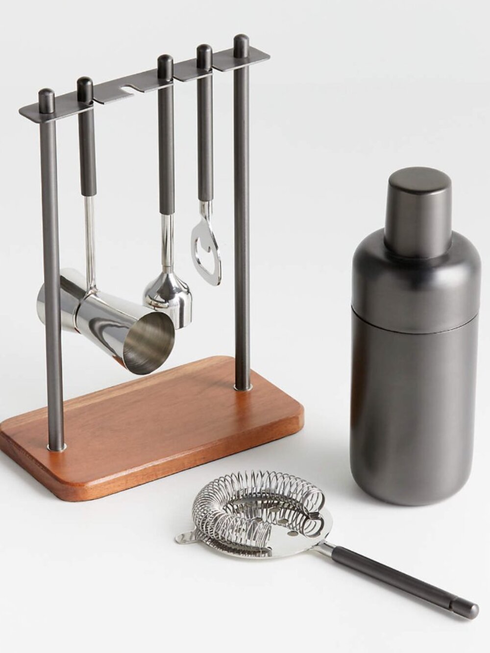 NIB Crate&Barrel Fenton Graphite and Wood Bar Tool Set with Cocktail Shaker
